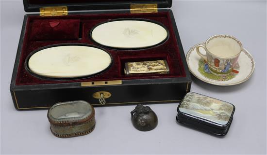 A 19th Century Staghorn cameo snuff box, 3 other boxes and cased Ivory brushes